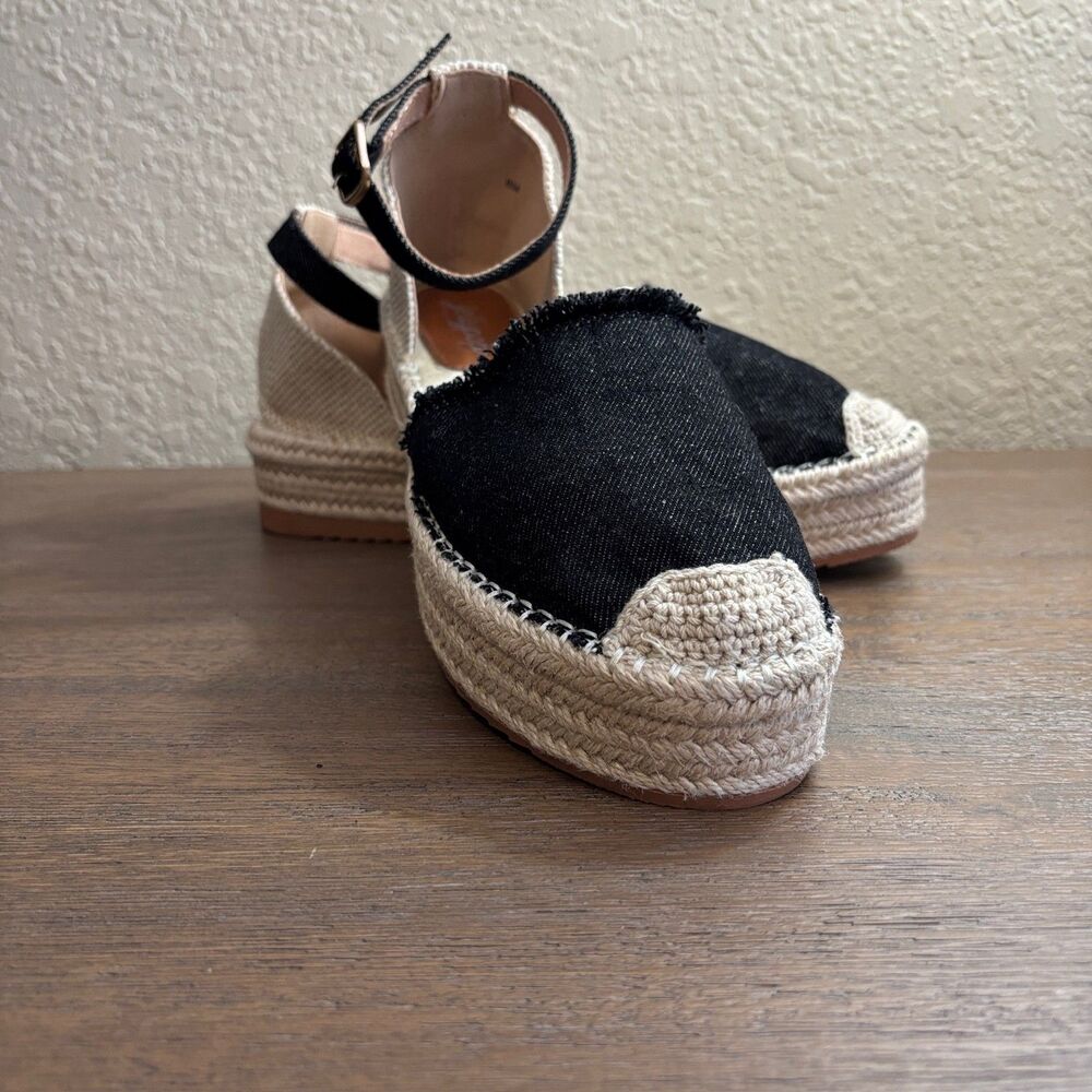 Jellypop Women's Espadrille Wedge Sandals Black Denim Ankle Strap Size 8m Boho